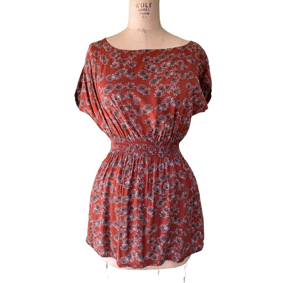 Zahara Women's Brown Floral Fit and Flare Tunic Top Boat Neck Medium - Picture 1 of 7